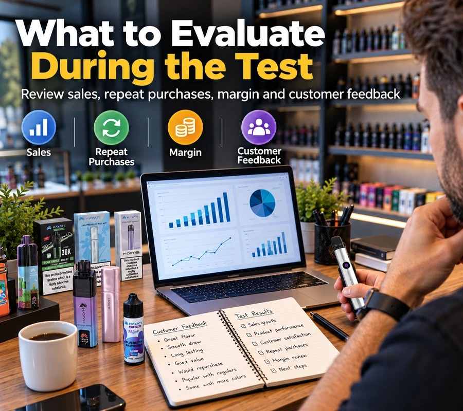 Vape shop retailer reviewing test range sales data and customer feedback for Hayati pod kits and e-liquids