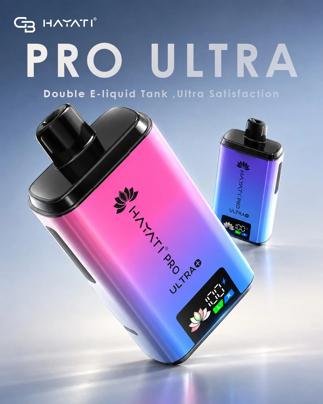 Two Hayati Pro Ultra+ double-tank disposable vapes in a pink and blue gradient.