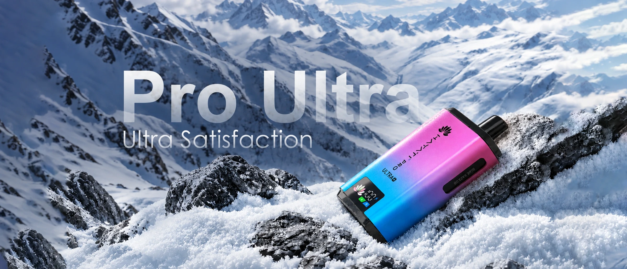 Hayati Pro Ultra+ disposable vape in pink and blue on snowy mountain rocks.