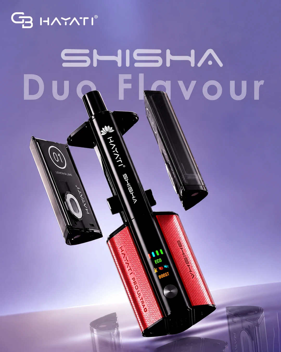 Red and black Hayati Pro Ultra+ vape with two flavour pods, one labelled Lemon & Lime, on a purple background.