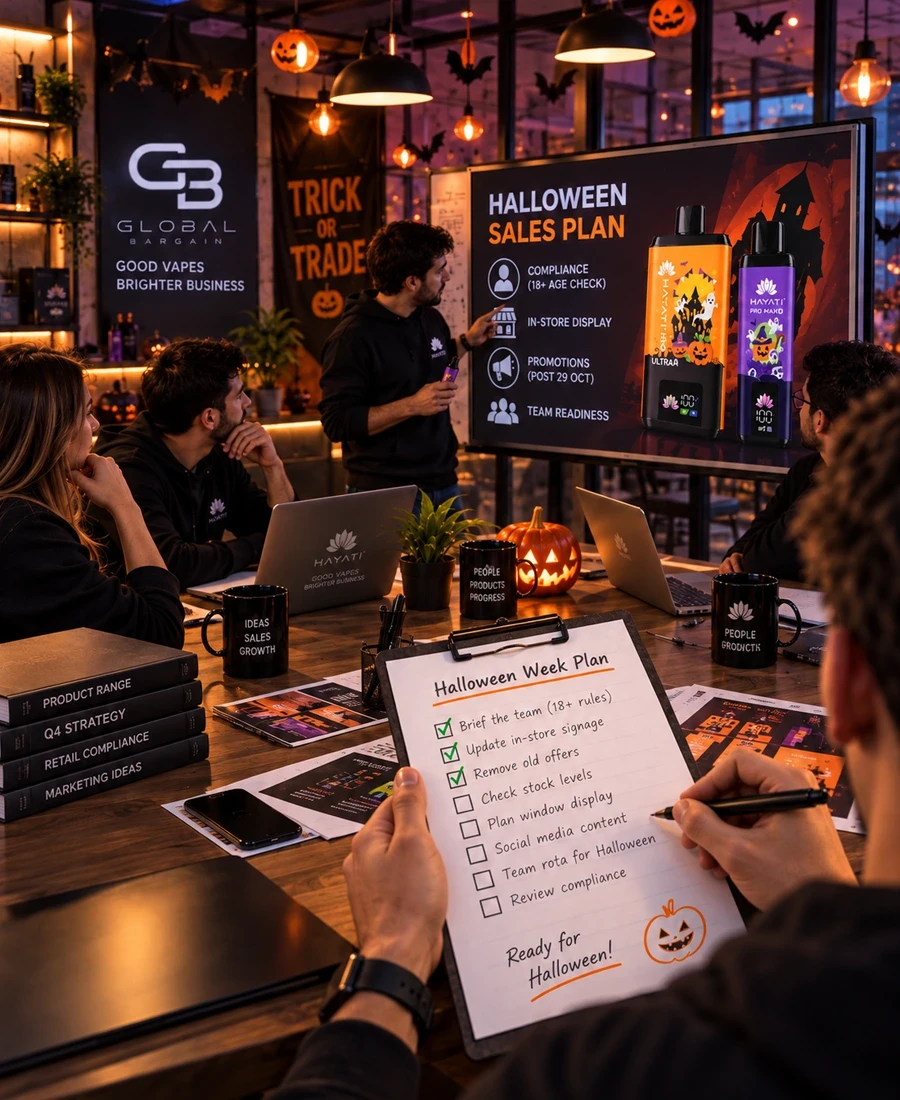 Retail team in a Halloween-decorated office reviewing a Halloween sales plan for Hayati Pro Ultra+ and Pro Max+ on a large screen