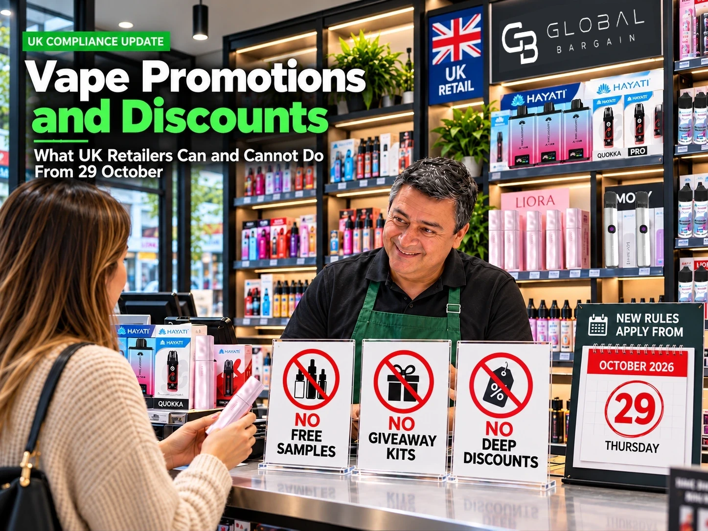 UK vape promotion rules from 29 October 2026: no free samples, giveaways or deep discounts