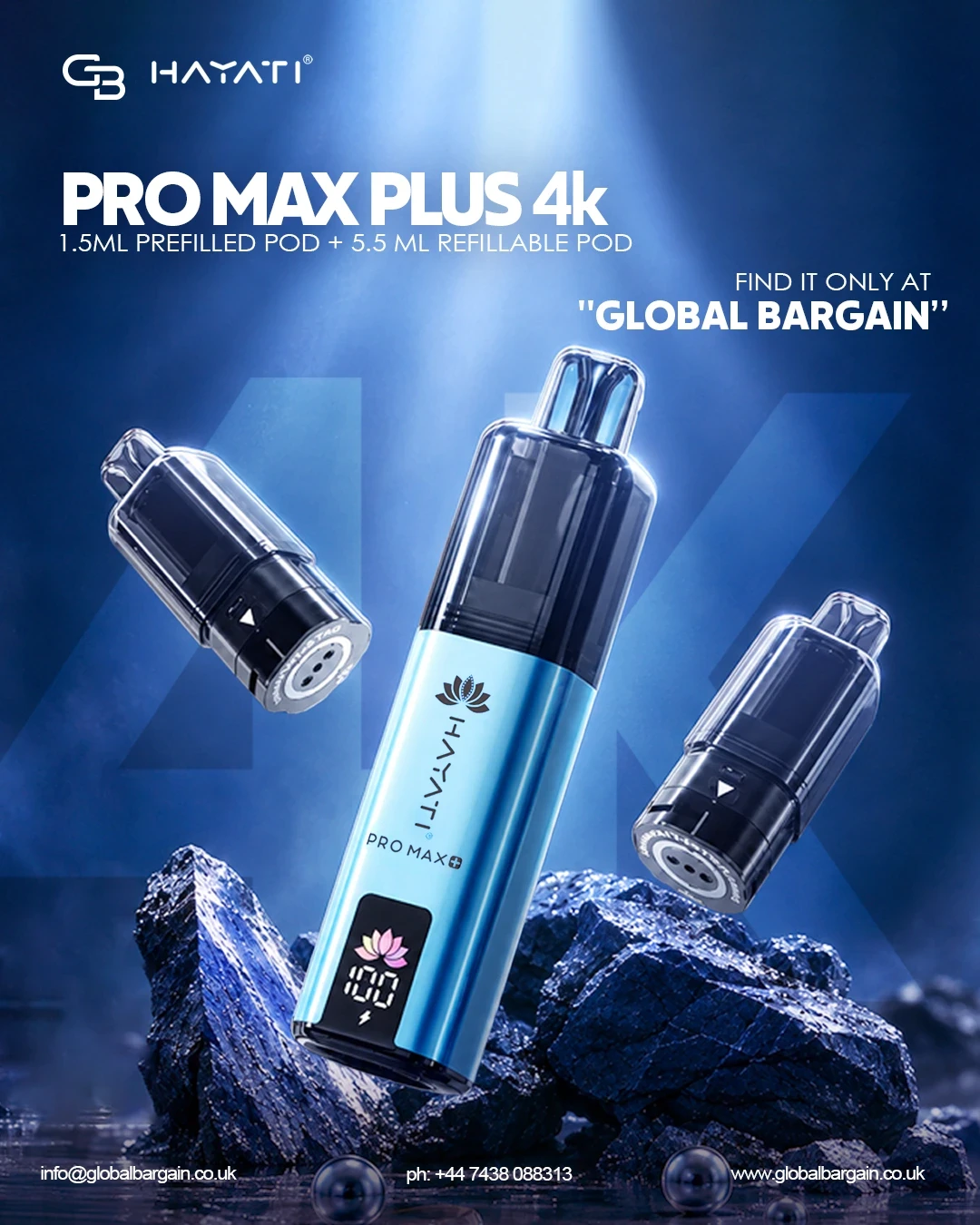 Hayati Pro Max Plus 4K vape in light blue with a digital display reading 100, shown with two detachable pods floating either side, above dark blue rocks under a beam of light.