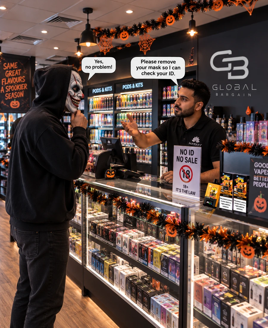 Store staff asking a customer in a Halloween mask to remove it for an 18+ ID check at a Global Bargain counter with a “No ID No Sale” sign