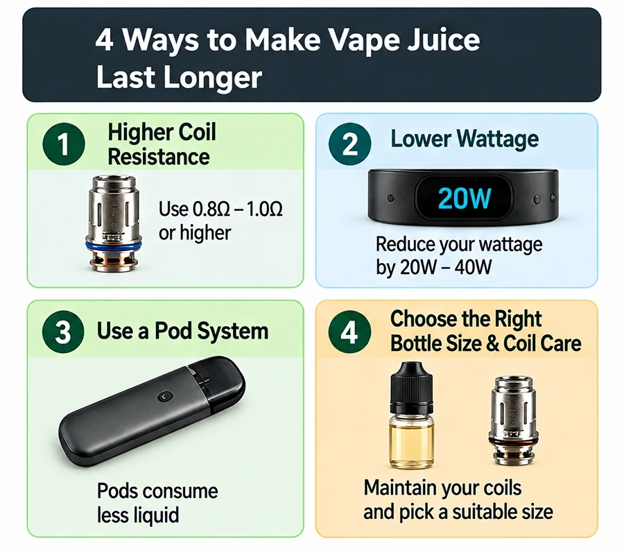 Infographic outlining four ways to make vape juice last longer: higher-resistance coils, lower wattage, pod systems, and suitable bottle size with coil care.