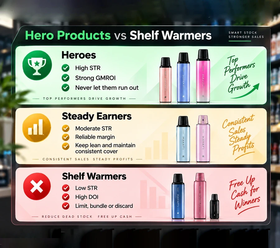Hero products vs shelf warmers: vape stock grouped into heroes, steady earners and shelf warmers by STR, GMROI and DOI