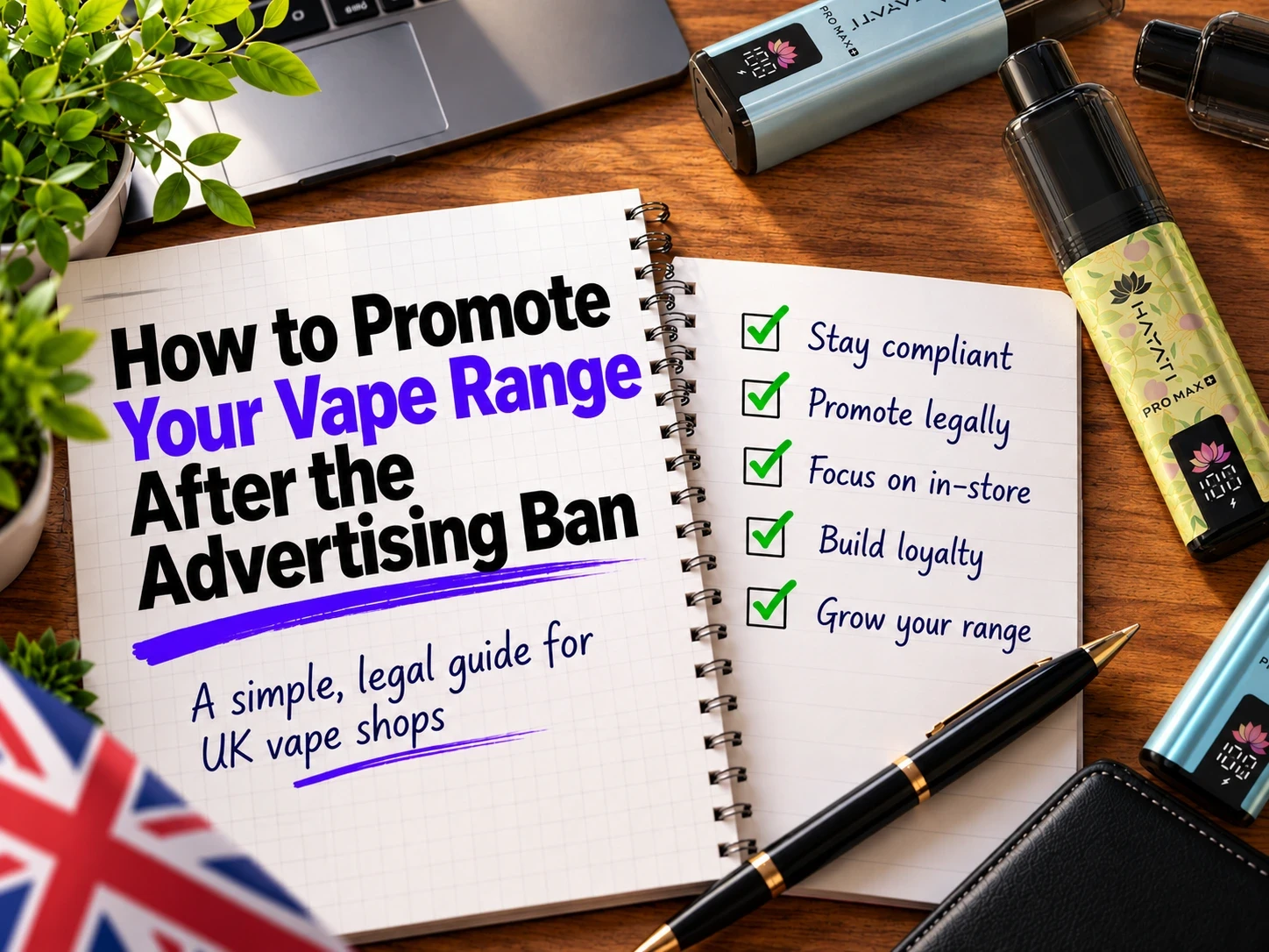 Notebook guide on promoting vapes legally after the UK advertising ban, with a compliance checklist and Hayati Pro Max+ vapes.