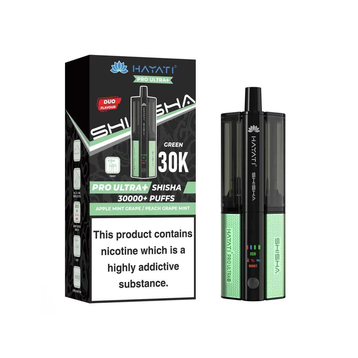 Hayati® Pro Ultra+ Shisha KIT Apple Mint Grape+Peach Grape Mint wholesale vape product
