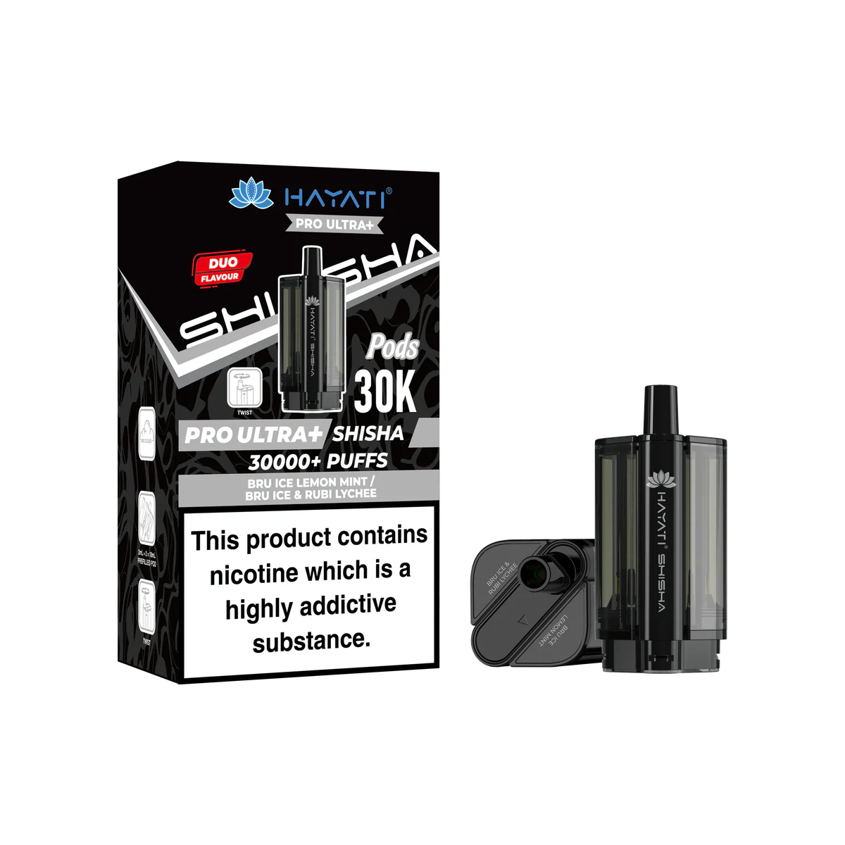 Hayati® Pro Ultra+ Shisha Pod Bru Ice Lemon Mint / Bru Ice & Rubi Lychee Flavours
