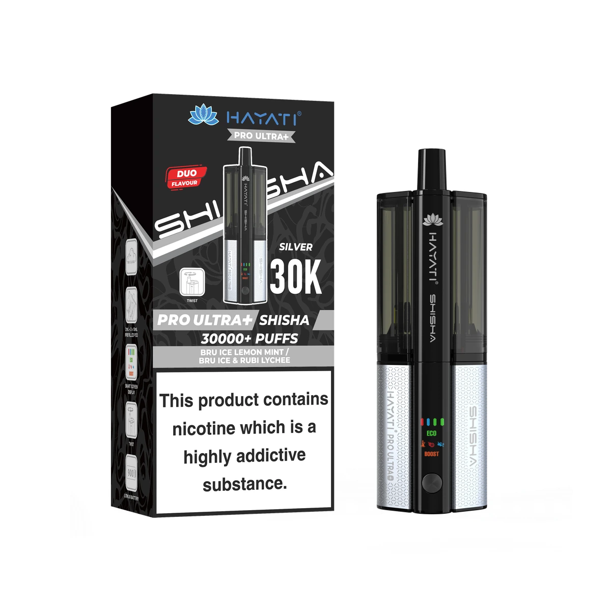 Hayati® Pro Ultra+ Shisha KIT Bru Ice Lemon Mint+Bru Ice & Rubi Lychee wholesale vape product