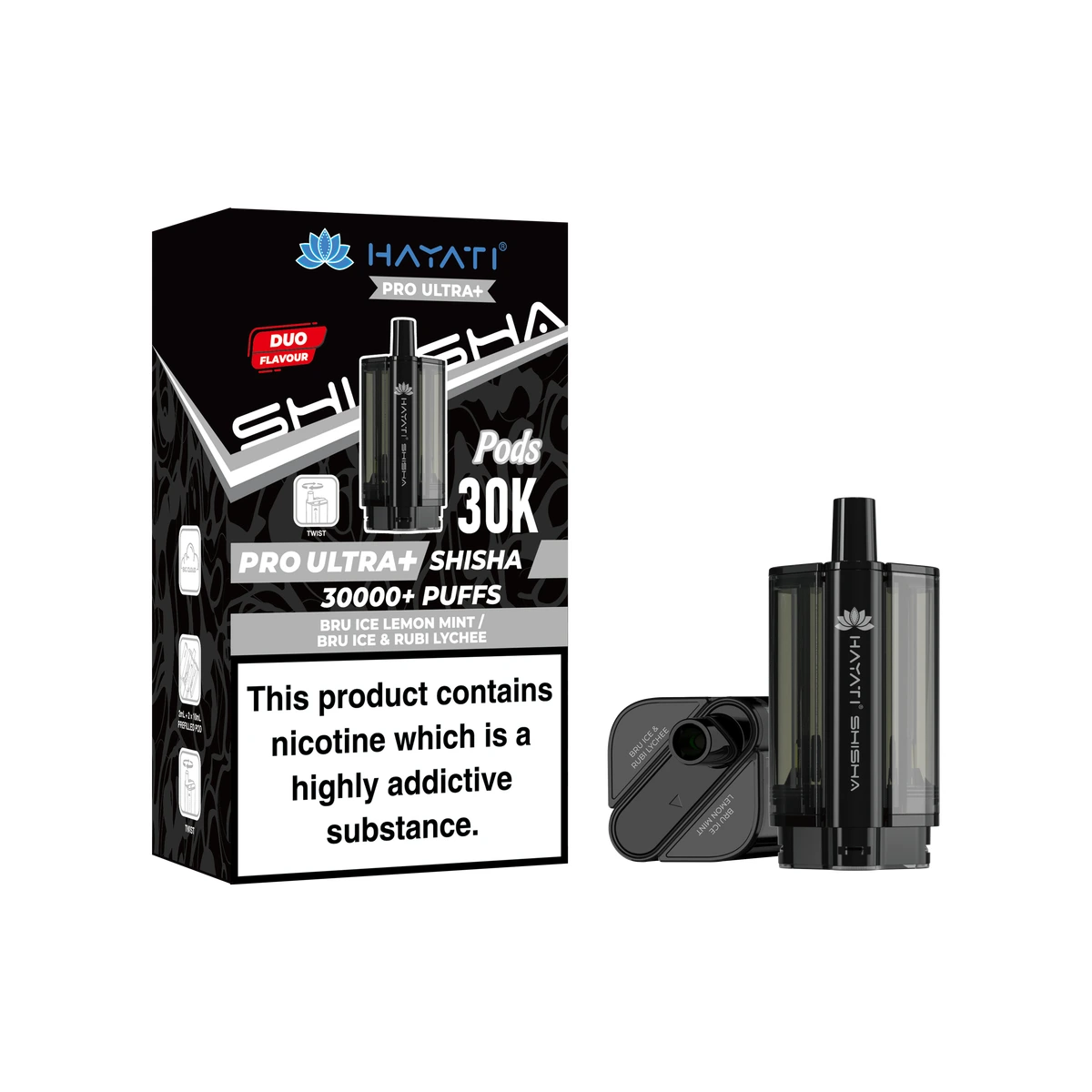 Hayati® Pro Ultra+ Shisha POD Bru Ice Lemon Mint+Bru Ice & Rubi Lychee image 1
